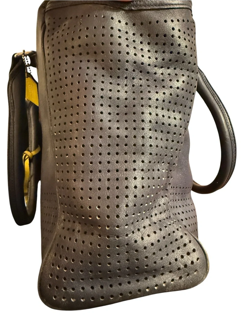 PROJECT BAG! COACH Navy Leather Perforated Tote with Yellow Tassel Charm - Picture 5 of 14